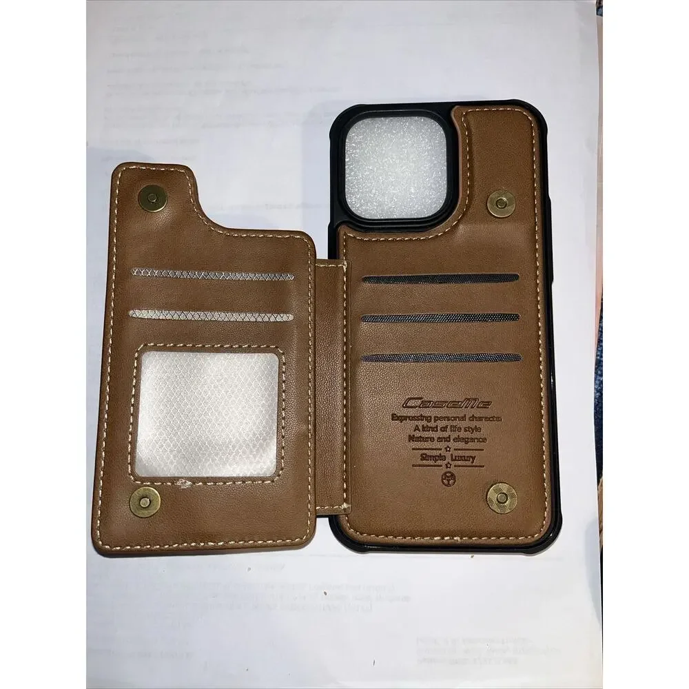 Case Me iPhone 13 Max Brown Faux Leather Case Wallet With ID Window